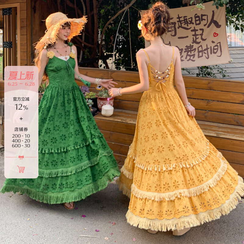 Forest womens tribe Bohemian style camisole dress womens new dress with waist cinching design slimming off long skirt for summer outings