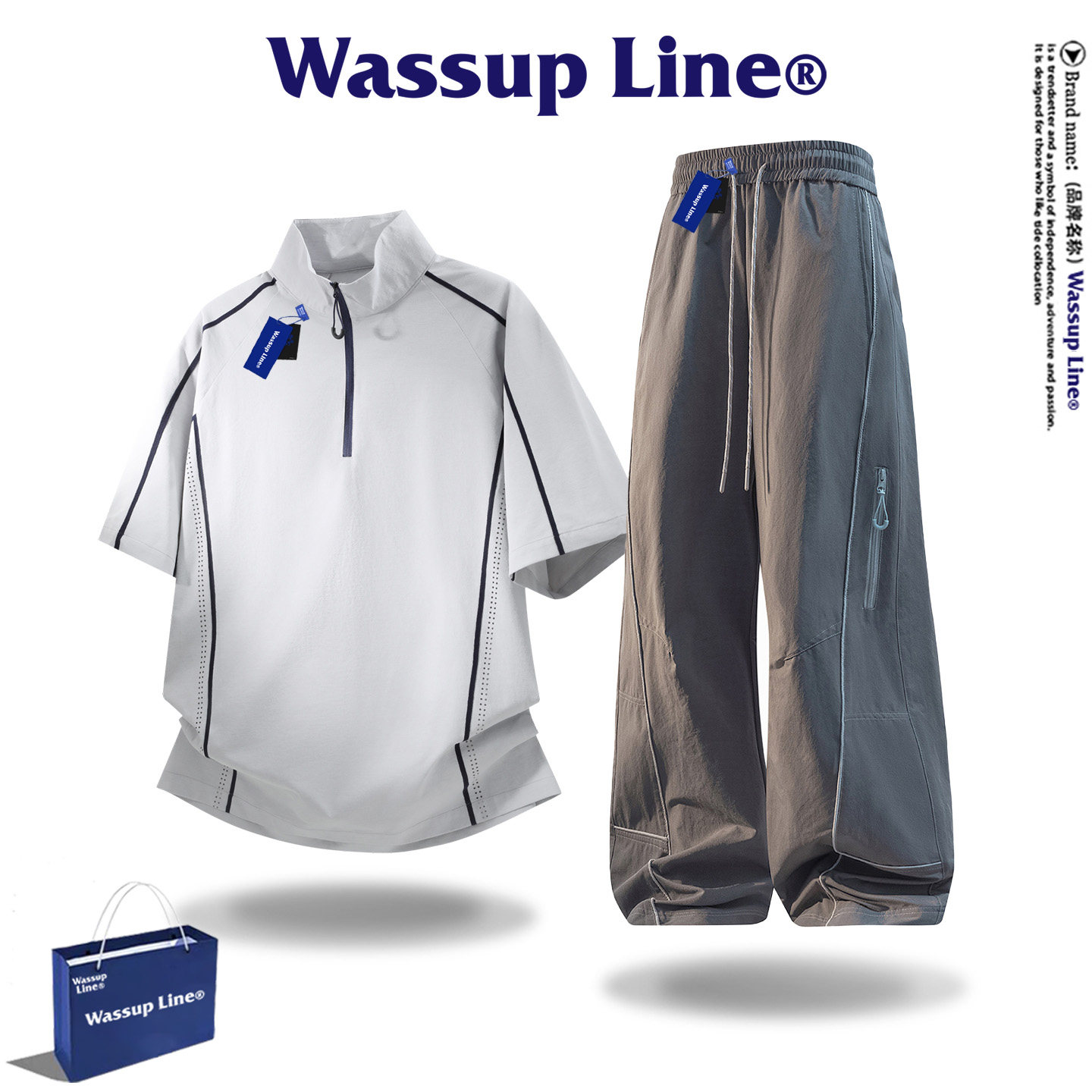 Бренд WASSUP Line tide, повседневный модный костюм, мужская летняя футболка с воротником-стойкой и короткими рукавами, спортивные брюки, костюм-двойка