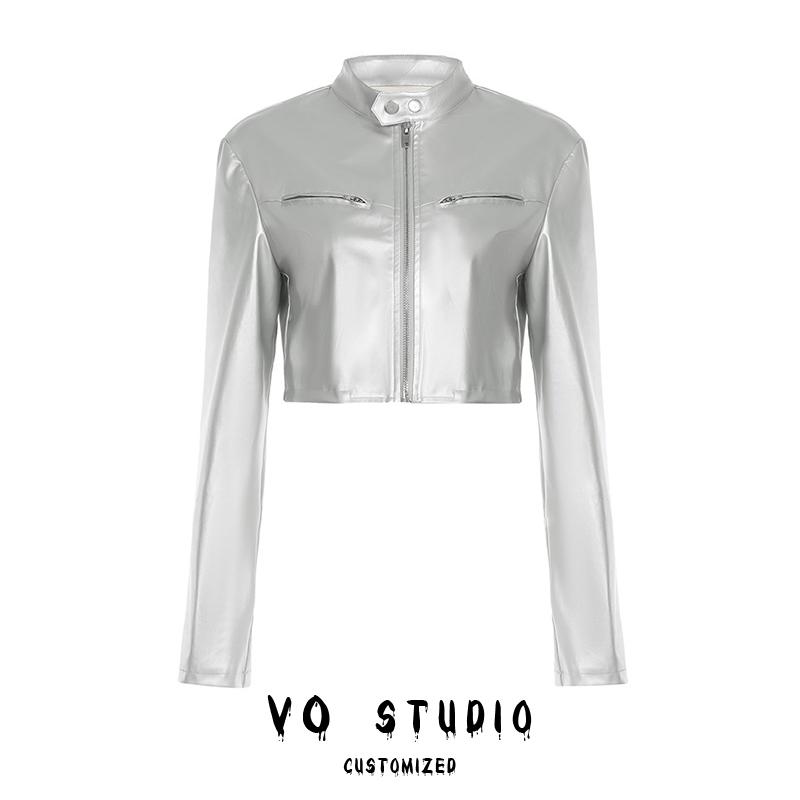 VOstudio футуристическая куртка из искусственной кожи серебристого цвета, крутая красивая мотоциклетная куртка для горячих девушек на молнии с воротником-стойкой, короткая куртка для женщин