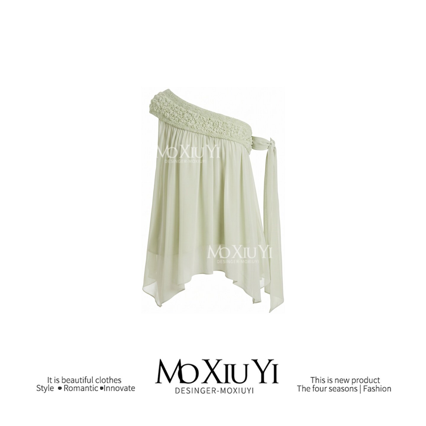 Mo [In Stock] Irregular Off-Shoulder Chiffon Blouse for Women, Summer Gentle Style, Unique Design, Loose Fit, Thin Top