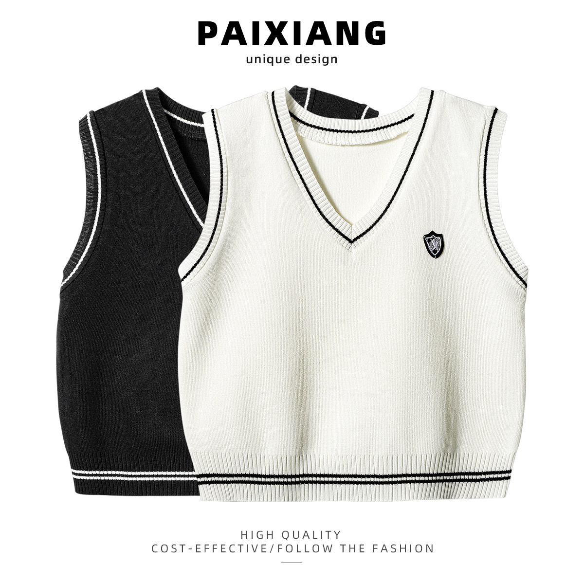 PAIXIANG/Preppy Style Versatile V-Neck Knitted Vest for Women, Early Autumn New Style, Layering Outerwear Vest Top