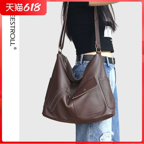 Вместительная и большая модная кожаная сумка на одно плечо для отдыха, из натуральной кожи, воловья кожа