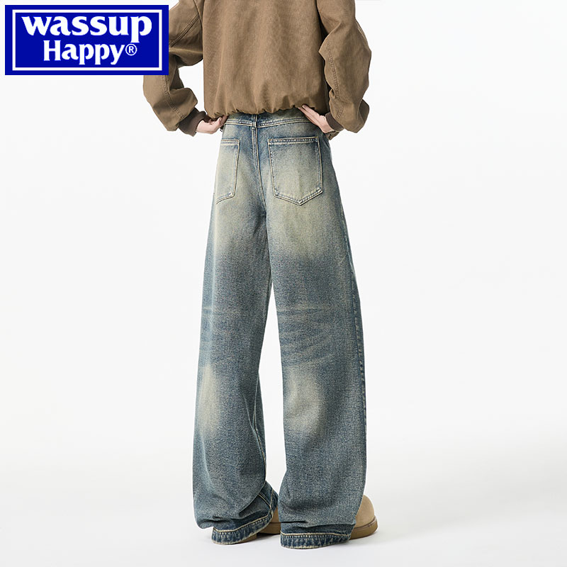 wassup happy jeans, мужские летние новые стильные американские уличные красивые свободные прямые широкие длинные брюки