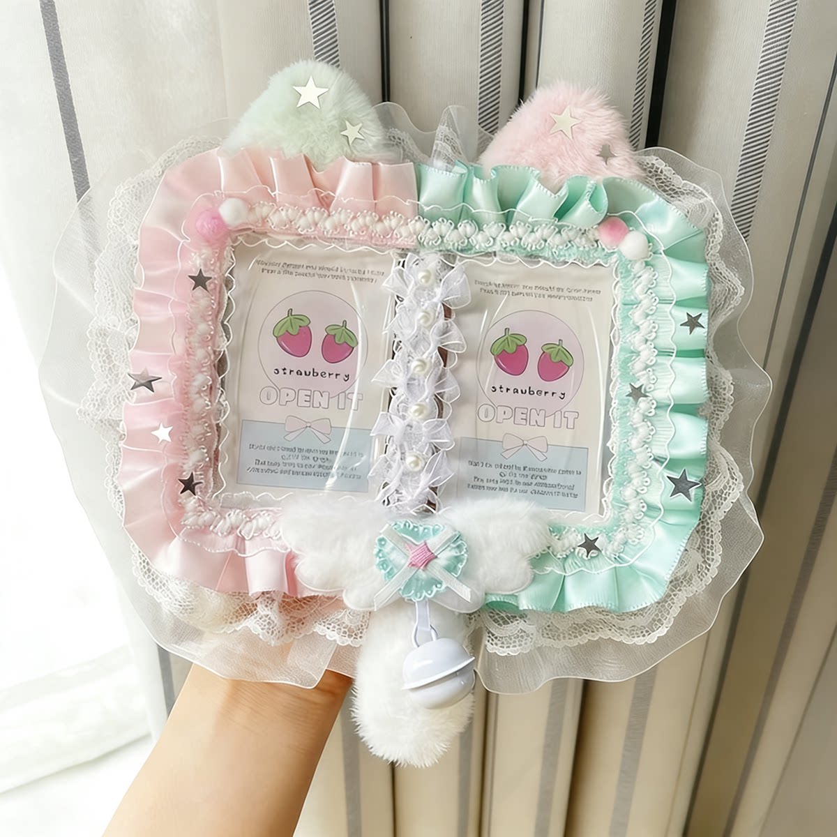 Double card slot card holder, lace finished product, ins style, double handmade plush cat ear trim, high-value small card holder backpack