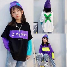 Girl's fake two-piece t-shirt, loose fitting children's long sleeved top with contrasting colors, spring and autumn boy street dance performance costume trendy and cool