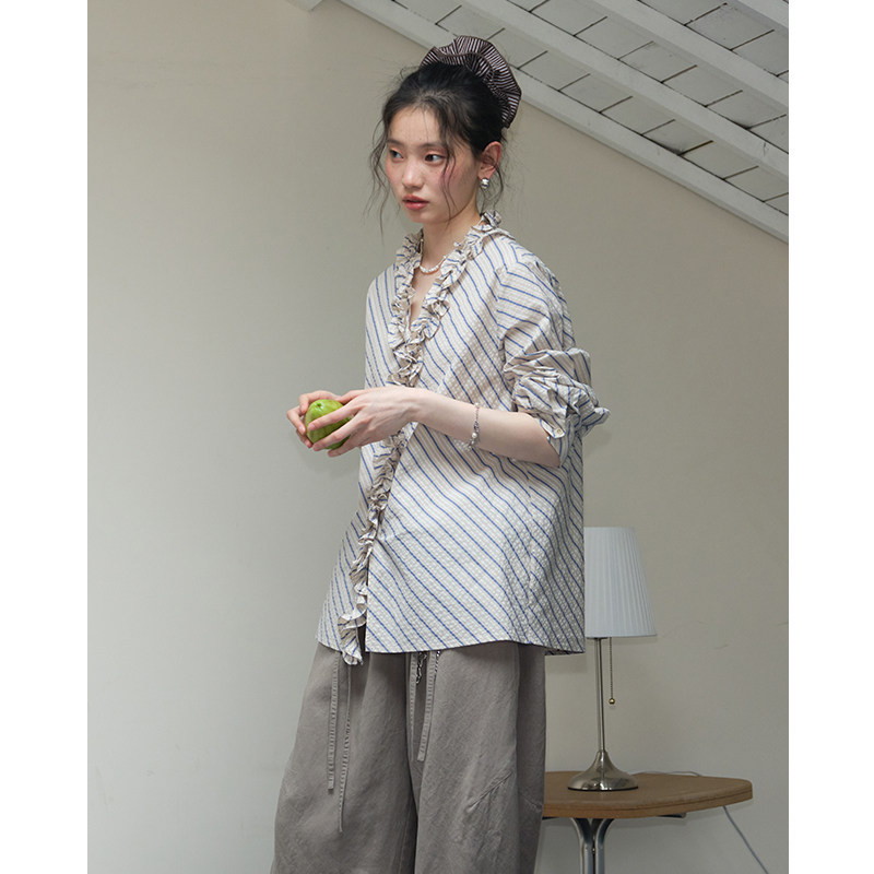 BLUEerror Lace V-neck Blue Striped Long-sleeved Shirt Women's Textured Loose Pure Cotton Ruffled Edge Blouse Spring