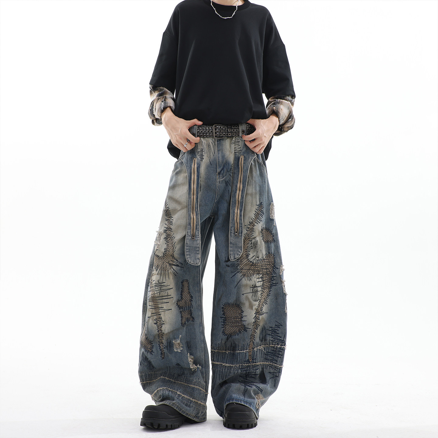 Тяжелая промышленность, хаотичная вышивка иглой, профиль scimitar jeans, мужские американские нишевые брюки в стиле хип-хоп, застиранные и поношенные на улице.