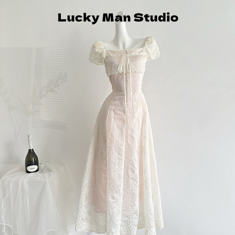 LUCKYMAN fog powder Tea Party летнее платье с кружевной строчкой и вышивкой в девчачьем стиле, длинная юбка трапециевидной формы на талии