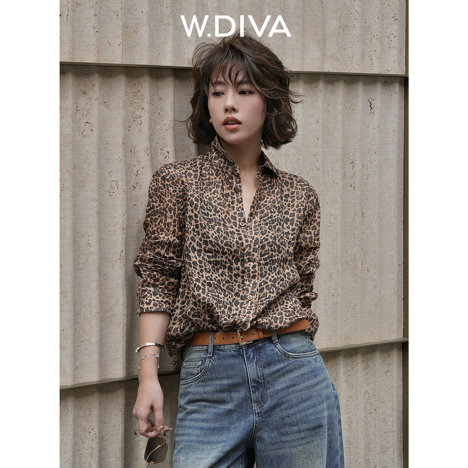 Boss Wei W.Diva [Waltz] Early Autumn American Leopard Print Ramie Collar Long Sleeve Shirt Women's Retro Blouse
