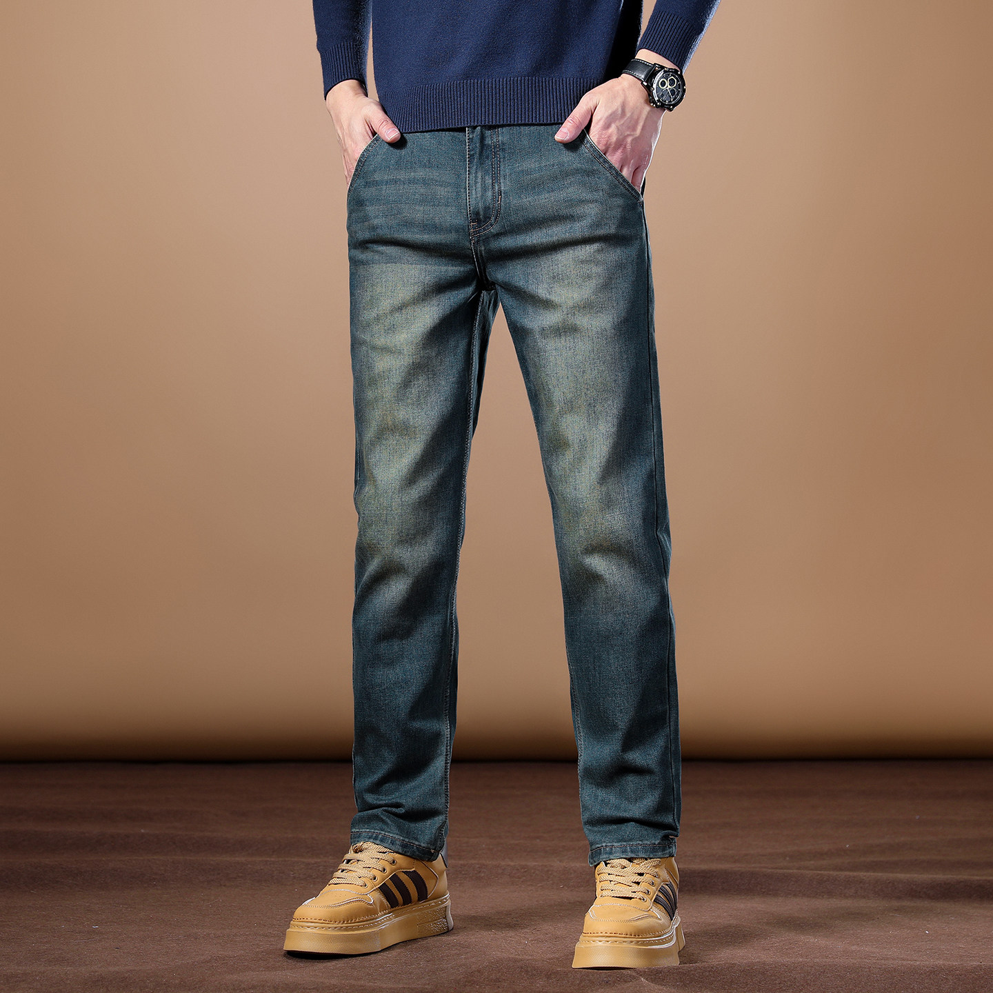 Italian high-end 2026 new men's jeans slim fit straight leg elastic men's pants trendy brand casual pants men