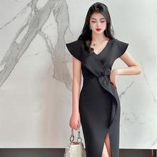 Sandrolminsm Small Flying Sleeves Black V-neck Dress Summer Luxury Formal Occasion Style Wrapped Hip Skirt