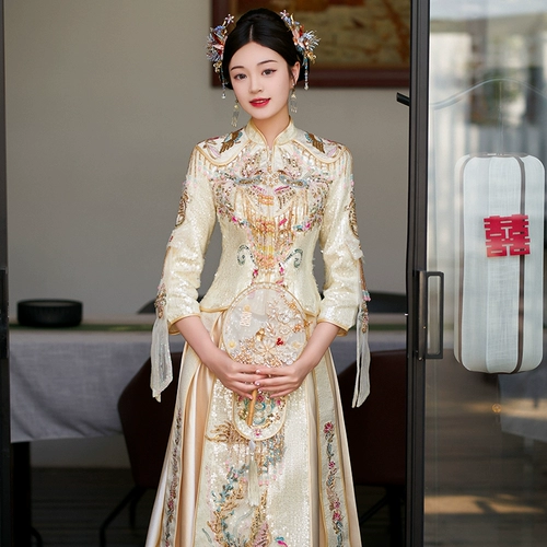 Золотой традиционный свадебный наряд Сюхэ, свадебное платье для невесты, вечернее платье, премиум класс