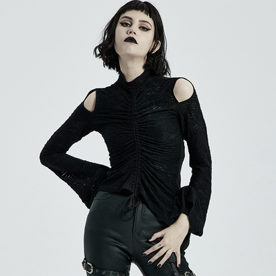 taobao agent ╋魔叹╋ PUNK RAVE 朋克哥特GOTHIC露肩不对称喇叭袖T恤女 WT671