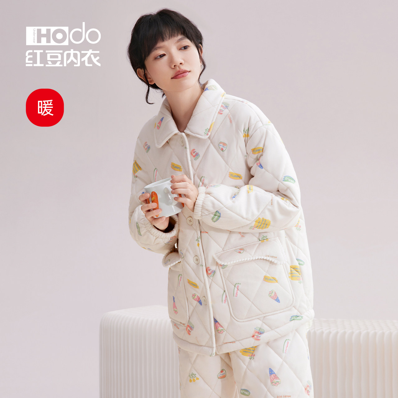 Coral velvet pajamas set red bean womens three-layer quilted