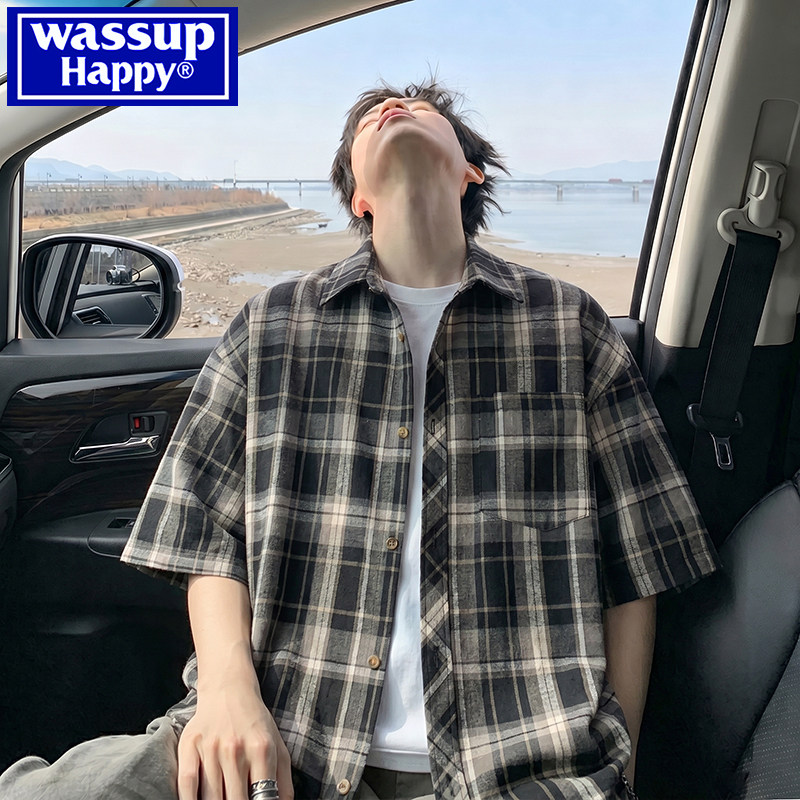 wassup happy клетчатая рубашка с короткими рукавами, мужская летняя рубашка в тонком сечении, трендовая ретро свободная повседневная рубашка большого размера