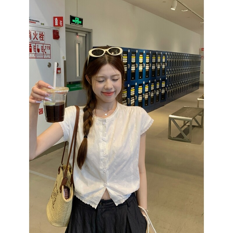 77bm Fresh and Simple Jacquard Hollow-Out Lace Short-Sleeve Shirt for Petite Women, Short Round Neck Design Summer Top