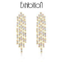 Exhibition/Museum Cool Wind Zircon Tassel Gold Earrings with Female Style, Long Style Face Showing Thin Earrings