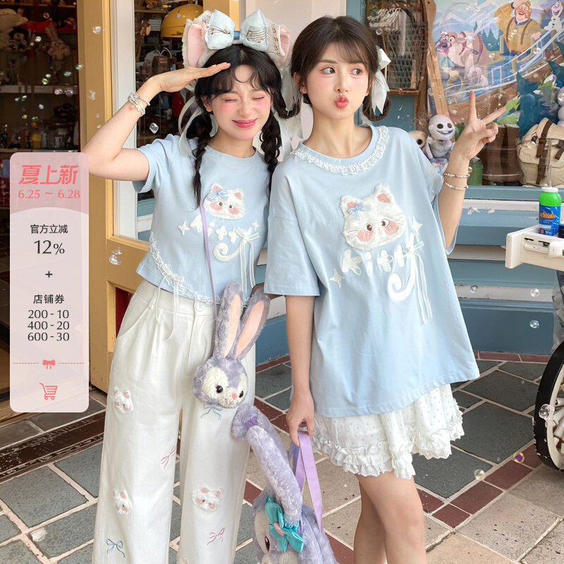 Forest Girl Tribe Blue Cute Cat Loose Short sleeved T-shirt for Women 2026 Summer New Junior High School Womens Top