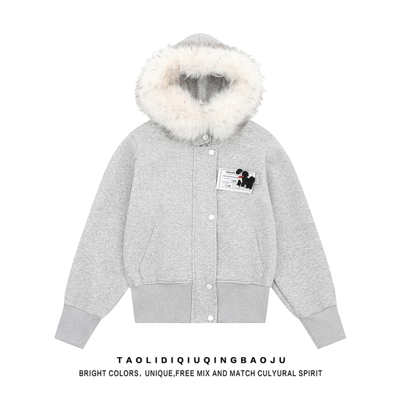 Серая осенняя куртка с объемным рисунком щенка, новинка 2025 года, женский свободный и тонкий свитер с капюшоном и универсальным меховым воротником, трендовый