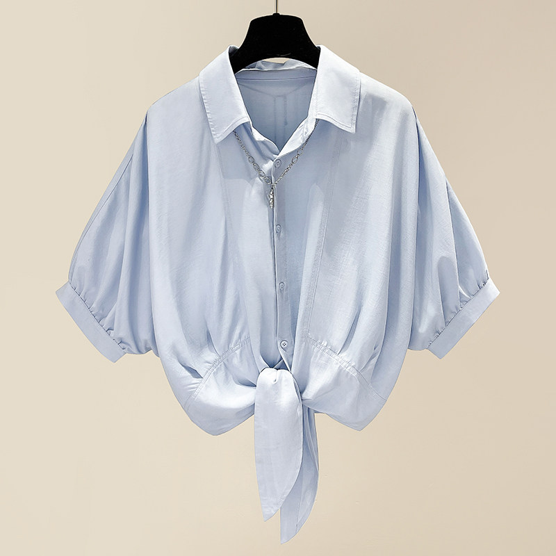 Women's blue short-sleeved shirt, summer style, thin black chiffon blouse, sophisticated, niche batwing sleeve short top.