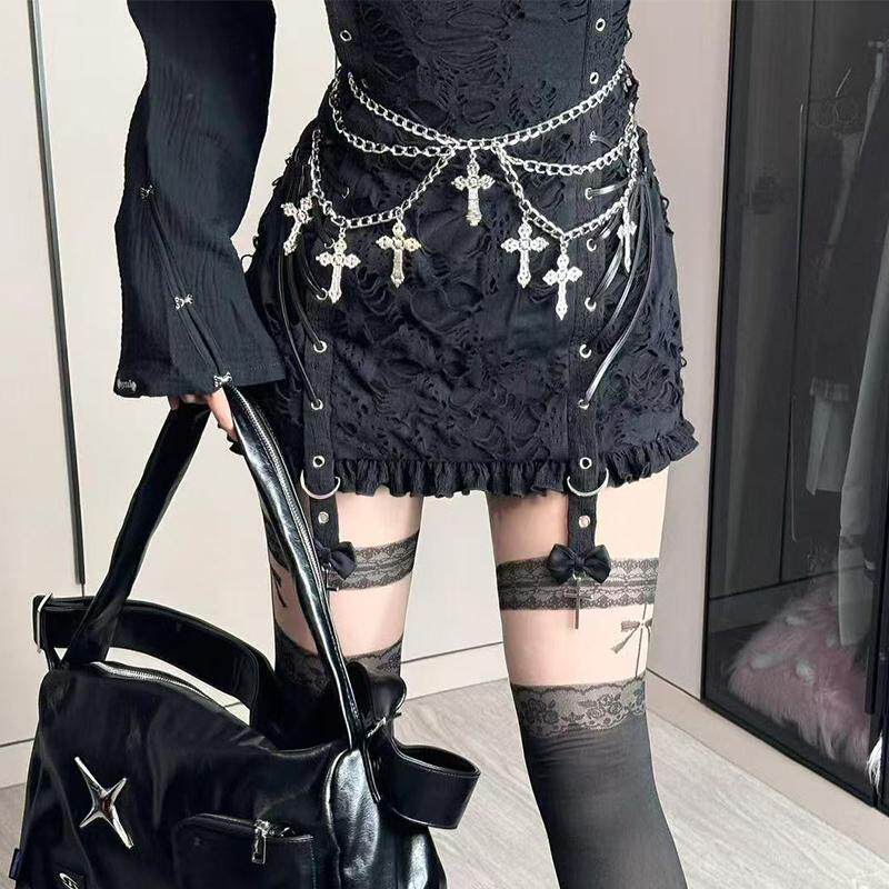 Gothic multi-layered cross waist chain for women, Y2K subculture dark style...
