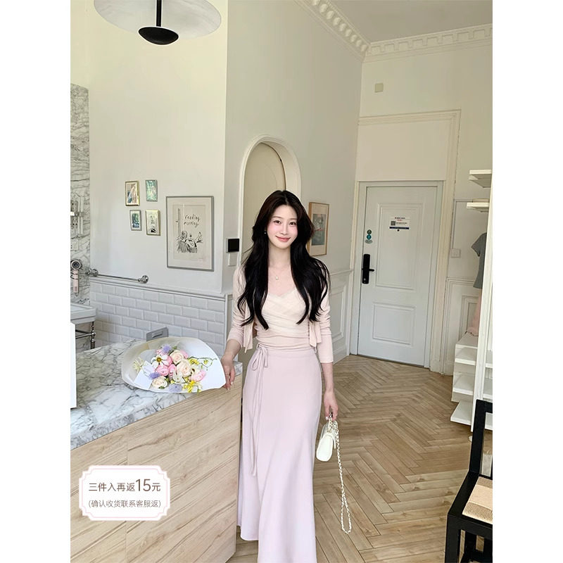 JeJuna Fried Chicken Unnie Pink Fruit Bubble Gentle Korean Style Pink Mesh Patchwork Camisole Cardigan Tie Skirt