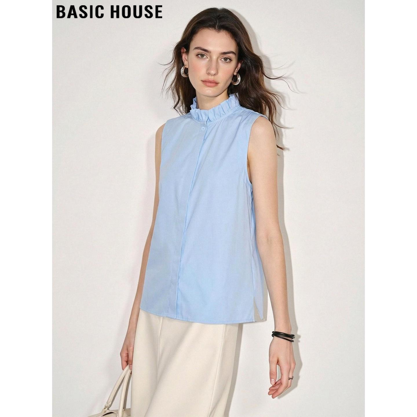 Basic House/Baijiahao Blue Sleeveless Shirt with Ruffled Trim, New Summer 2026 Design