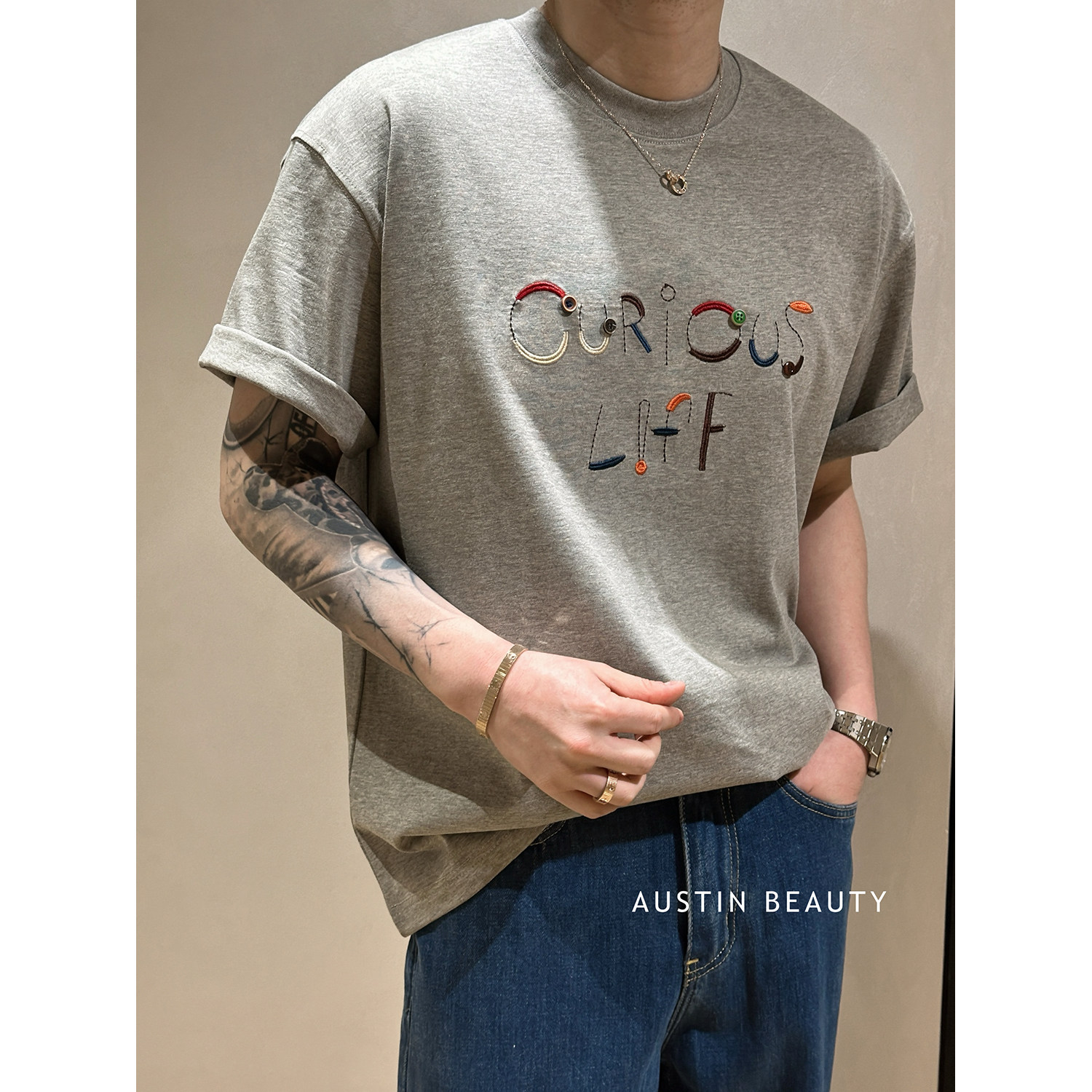 AUSTINBEAUTY 【Лимитированная летняя коллекция】 мужская хлопковая футболка с короткими рукавами и вышивкой высокой четкости с круглым вырезом, универсальная для пригородных поездок