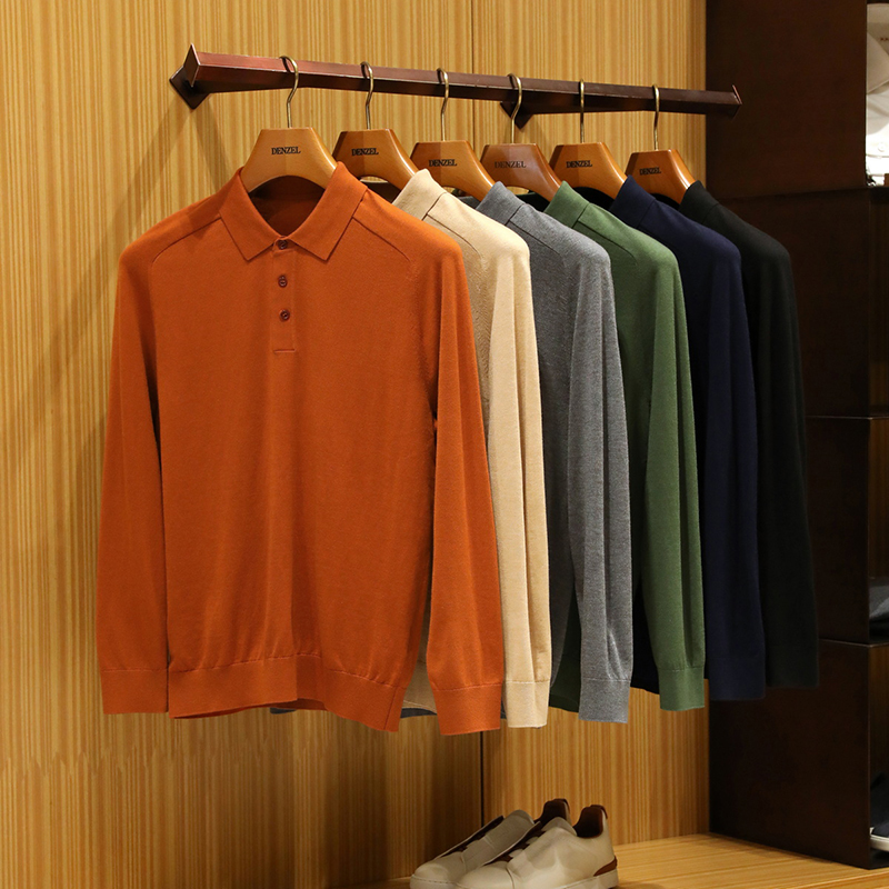 【240706066】 Весенне-осенняя мягкая, теплая и гладкая мужская повседневная трикотажная рубашка поло из кашемира цвета шелковицы тутового дерева с длинными рукавами.