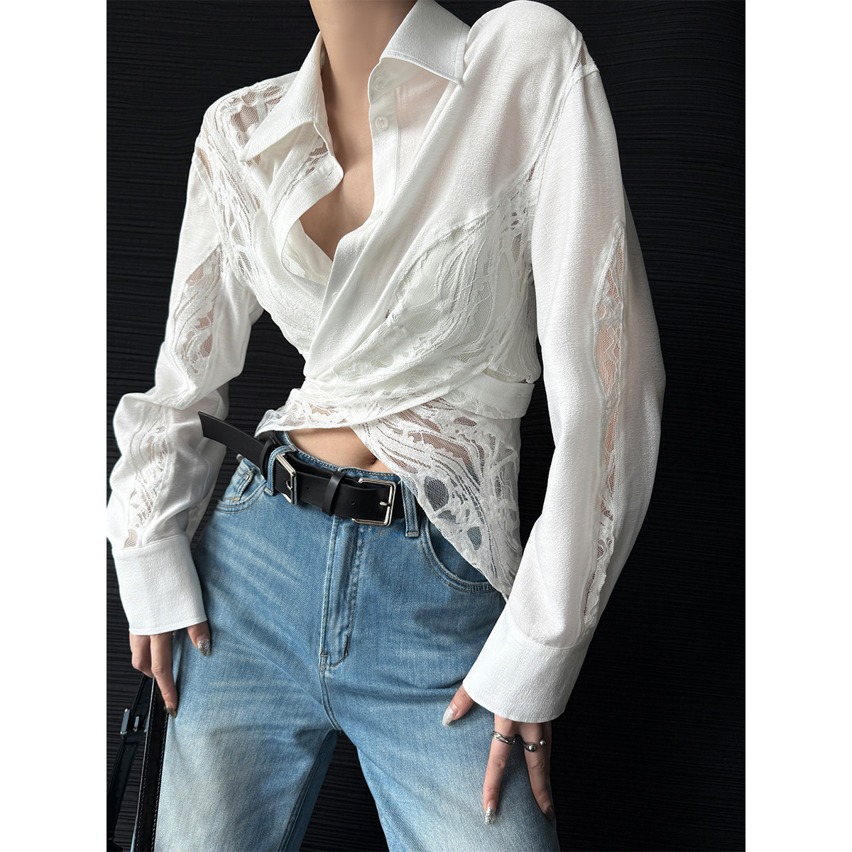 PAPERLLL Xinjian Lingdong Muse French-style patchwork hollowed-out slit shirt for women, spring and autumn design top