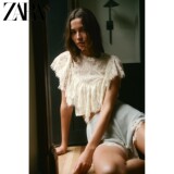 ZARA2026 ранняя осенняя новинка, женская блузка с короткими рукавами и круглым вырезом, ламинированная декоративной строчкой, 1067621 712