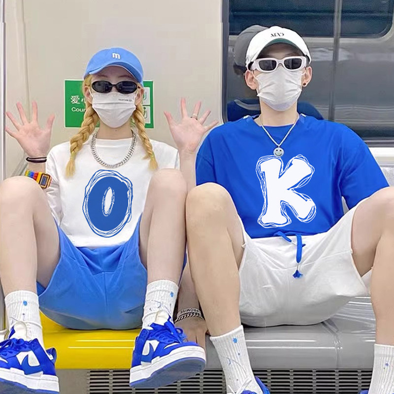 В погоне за модным брендом OK Klein blue couple -футболка с короткими рукавами для пары, новинка 2026 года, летняя хлопковая мужская и женская футболка с короткими рукавами