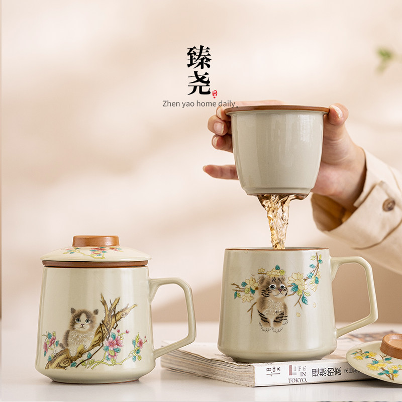 Керамическая печь cat Ru Kiln Открытая чайная чашка с крышкой, кружка, личная офисная чашка для воды, женская чашка для питья чая