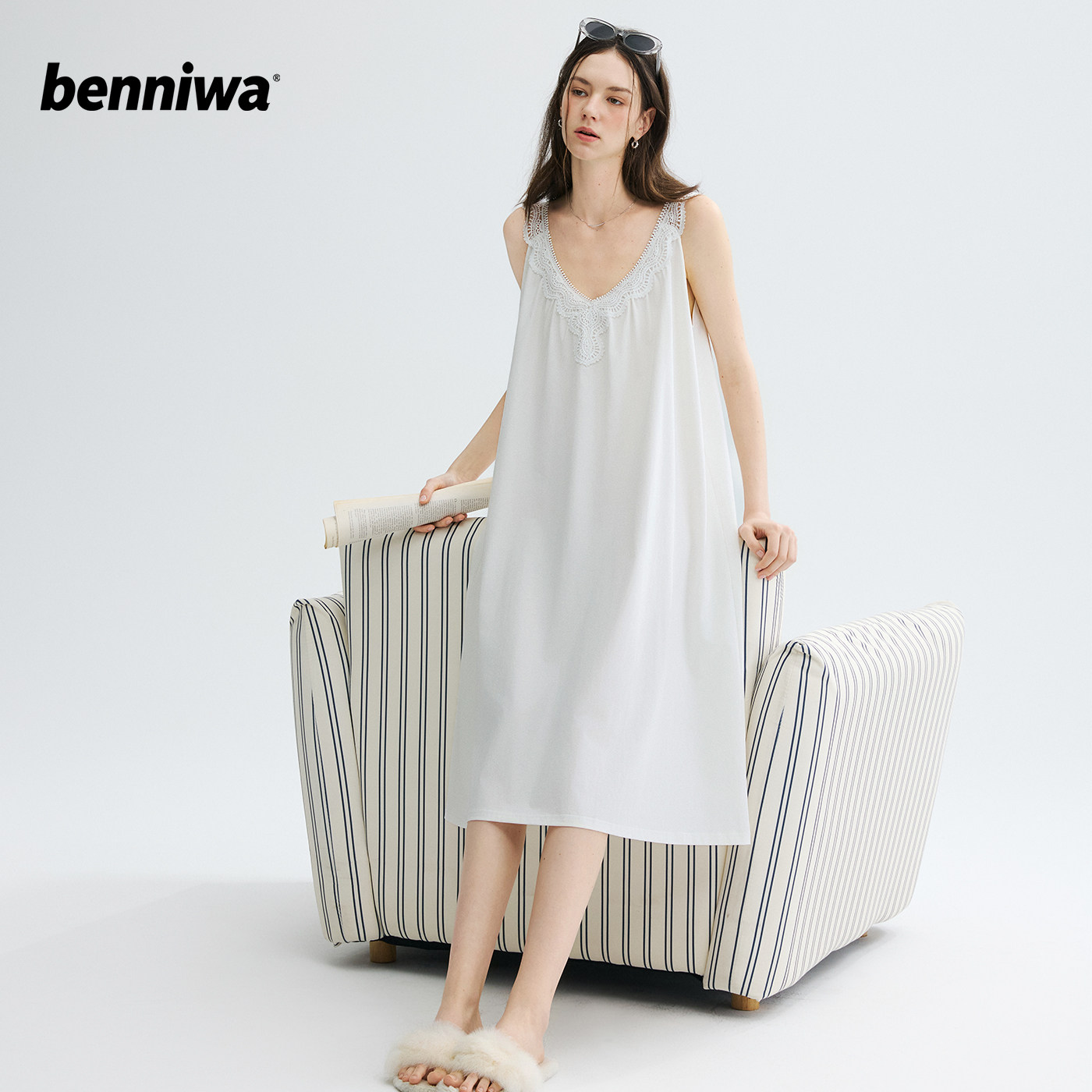 benniwa 【Серия French lace】 пижама женская летняя ночная рубашка с накладкой на груди, нежная, которую можно носить вне дома.