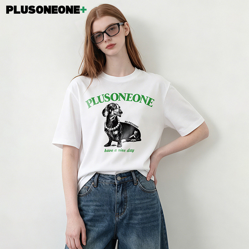 PLUSONEONE, лето 2025, новая белая футболка Solona из ледяного шелка с принтом щенка, женская футболка с короткими рукавами и открытыми плечами