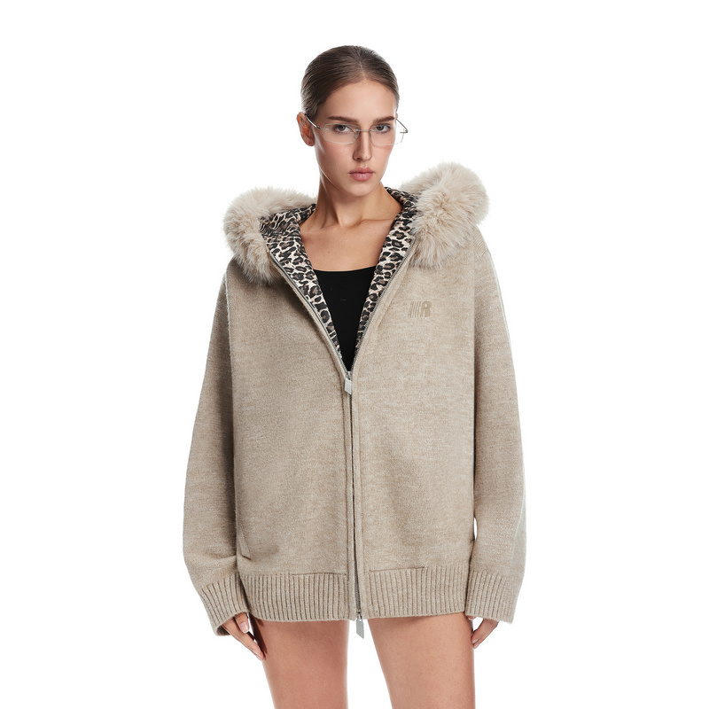Официальный магазин FDR, леопардовый свитер с меховым воротником, куртка-кардиган для женщин, новинка 2025 года, осенне-зимний свитер для пары с капюшоном для мужчин