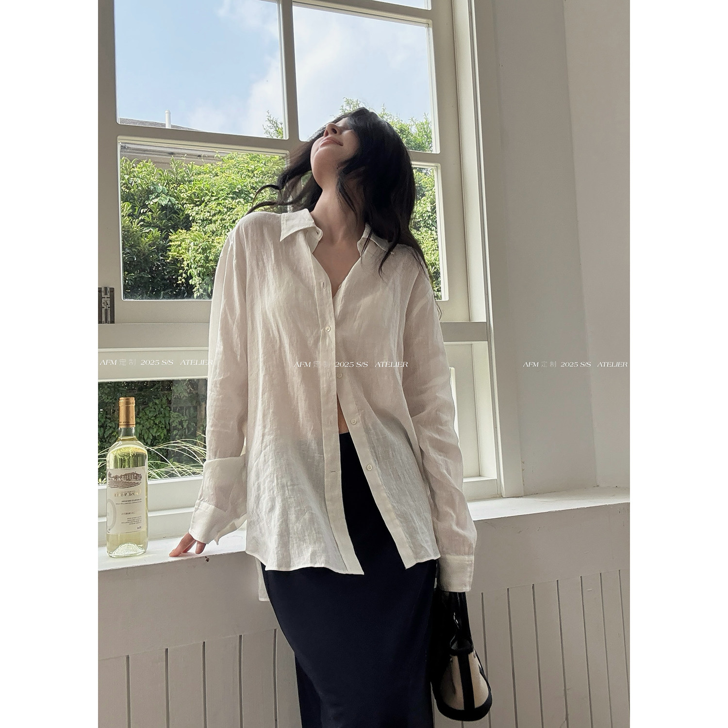 Loose-fitting 100cm linen white shirt for women, summer sun protection shirt jacket, cotton and linen top, thin and breathable.