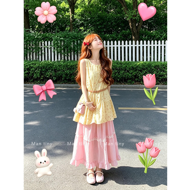 Artistic fresh milk dress, summer ootd dopamine outfit, floral vest dress, long skirt set for women