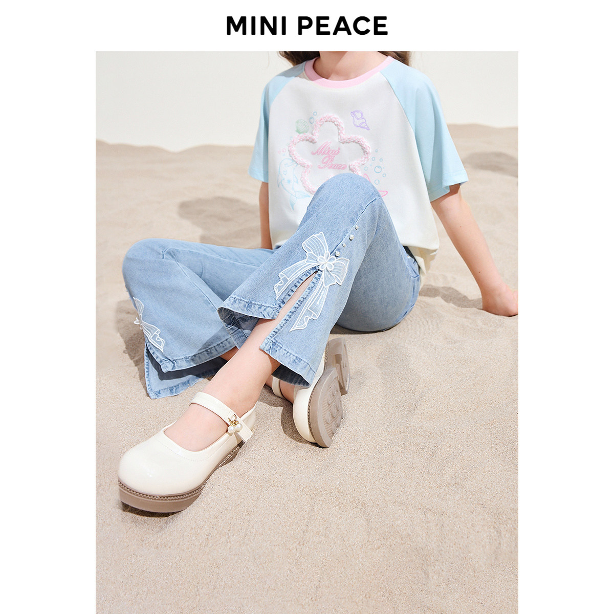 Детская одежда MINIPEACE Peacebird, расклешенные брюки для девочек, летние детские джинсы с разрезом и бантом, женские брюки Treasure