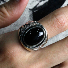 Ruibeila Silver Ring Men's Personality Trendy Black Agate Gemstone Ring Vintage Dominant Index Finger Ring Engraving