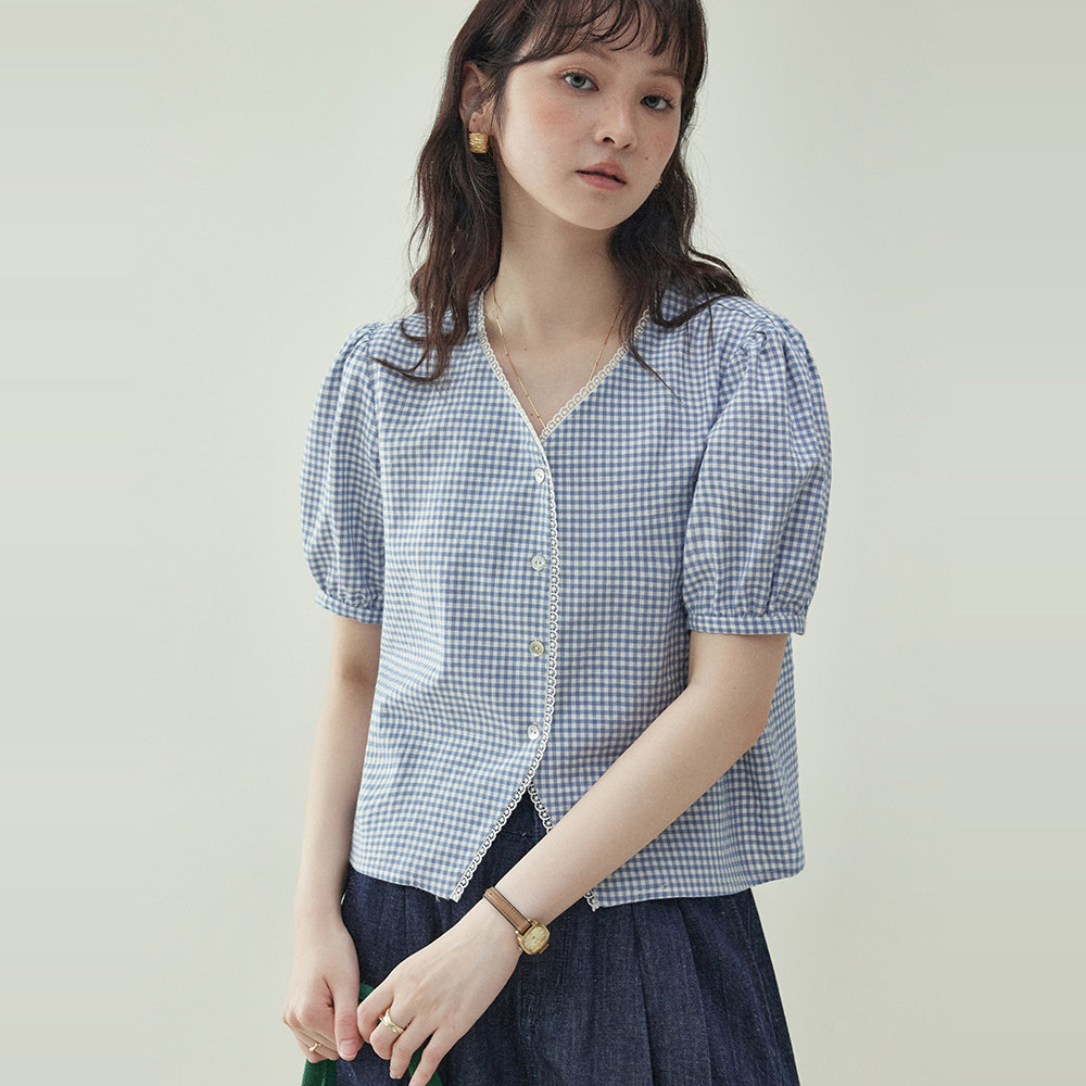 "Beidao AMUU Original" Blue Plaid Puff Sleeve Short Cotton Shirt Women's Summer New Sweet Loose Top