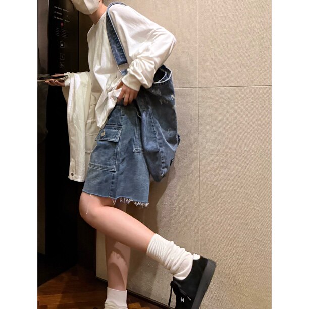 PEACHZHOU raw washed Miu с карманами для инструментов, свободные джинсовые шорты, широкие брюки с пятиточечной пряжкой, женские