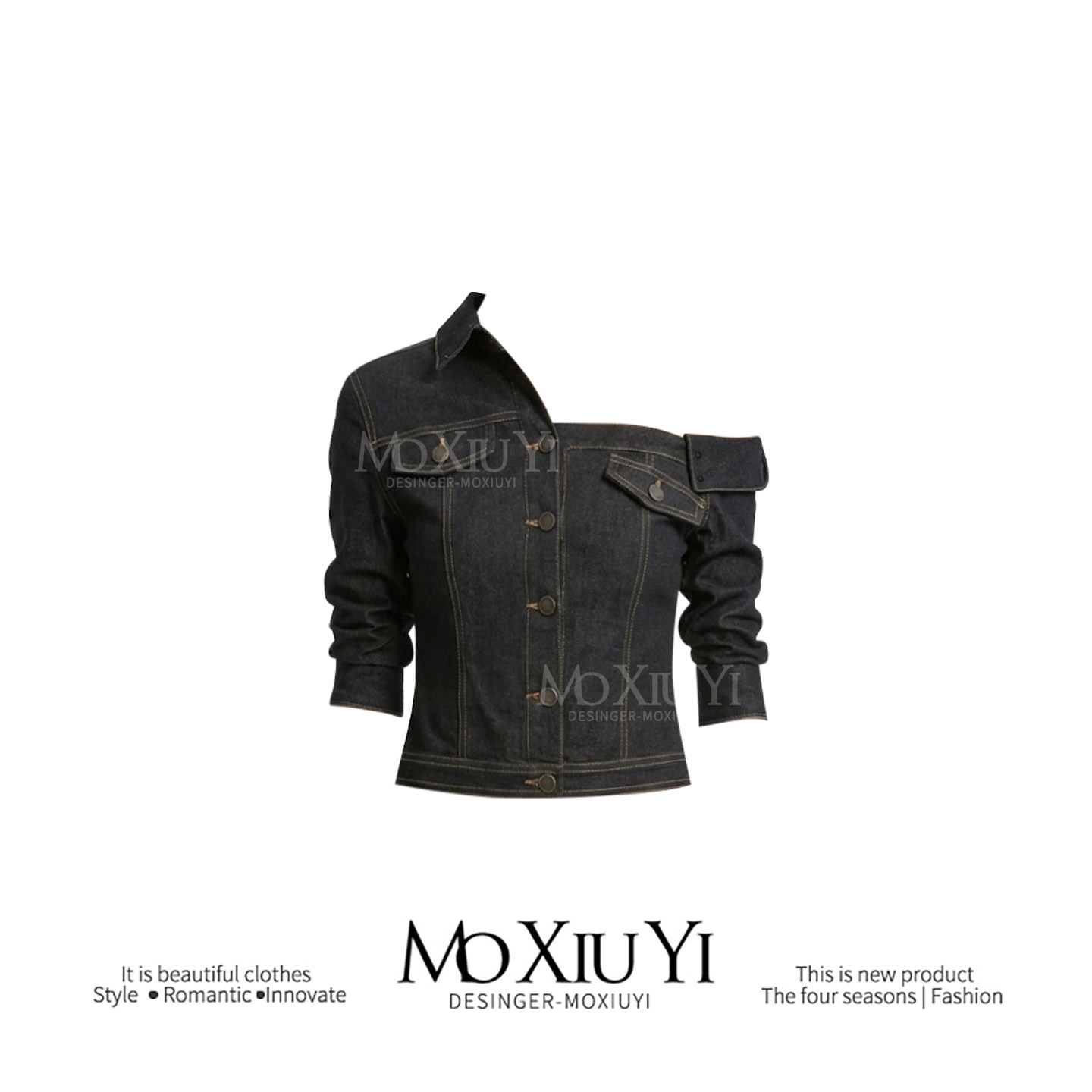 MoXiuYi ST [In Stock] Niche Style Sexy Retro Asymmetrical Off-Shoulder Mid-Sleeve Denim Shirt