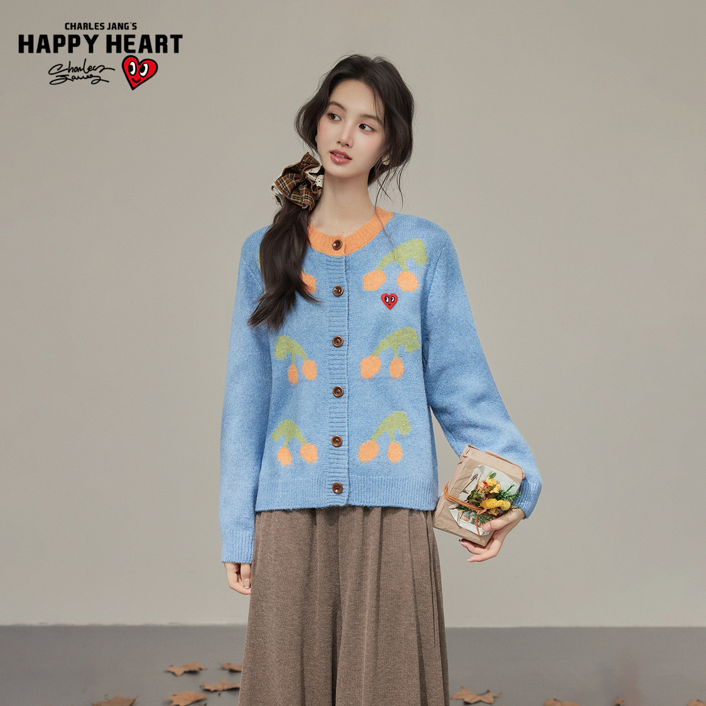 Charles Peach Heart Retro Color Block Jacquard Knit Cardigan Women's Round Neck Soft and Playful Childlike Age-Reducing Short Coat