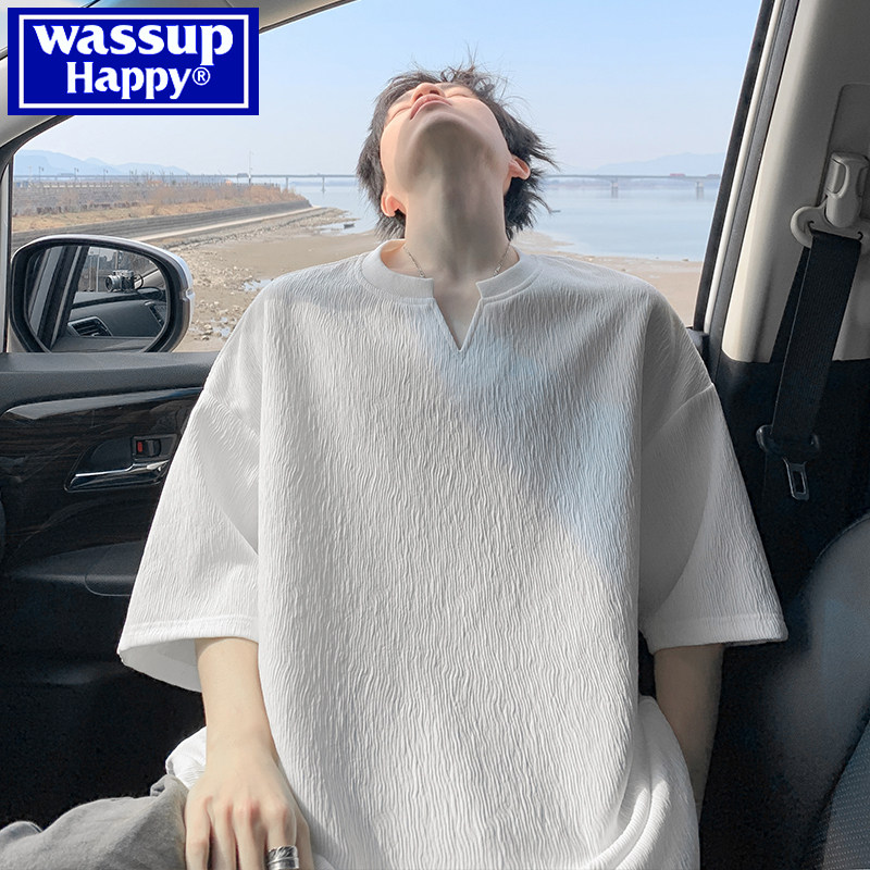 футболка с короткими рукавами wassup happy texture для мальчиков, новая летняя модная брендовая красивая свободная футболка из ледяного шелка с V-образным вырезом
