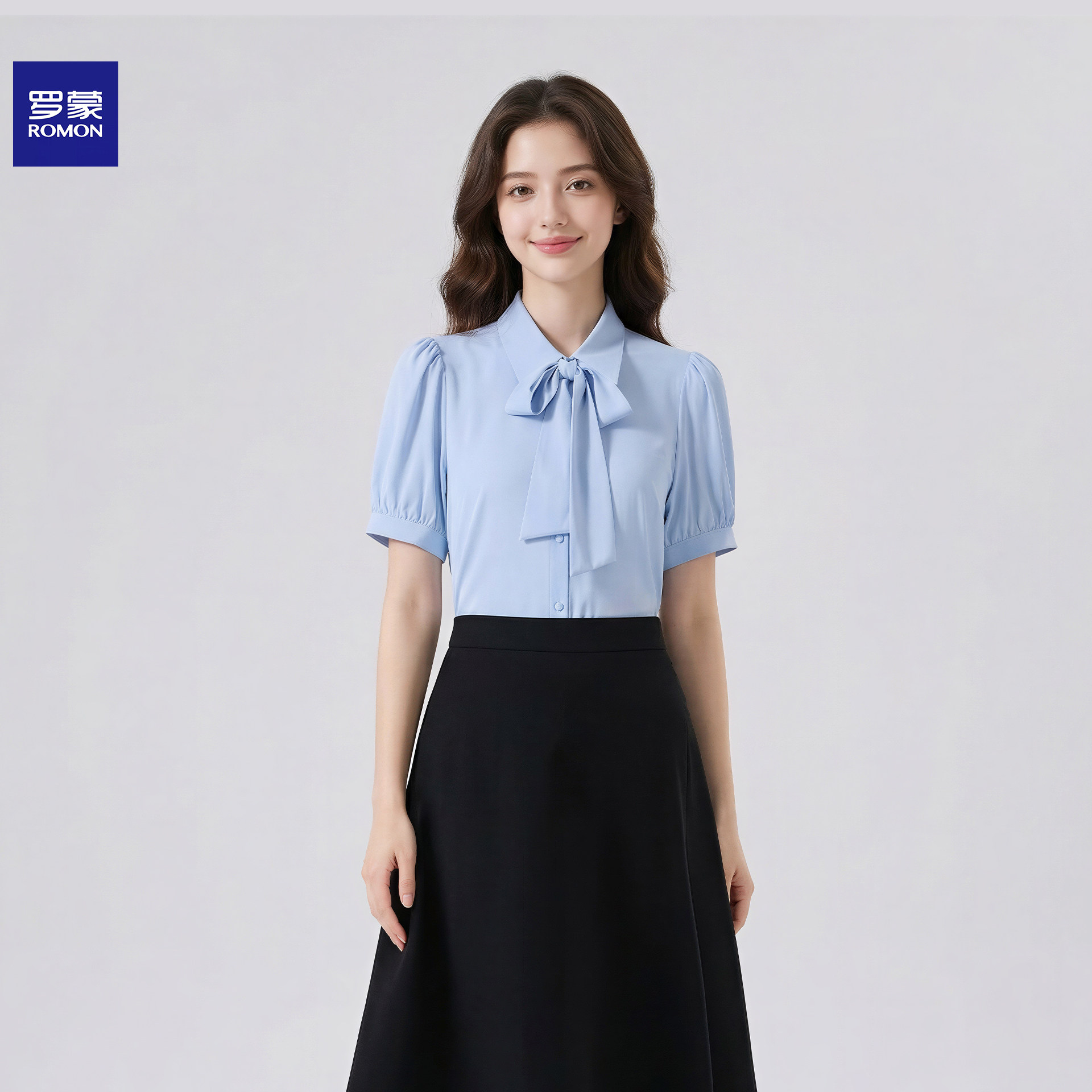 Romon's new summer blue chiffon short-sleeved blouse for women, professional and formal wear, with detachable ribbon, French style.