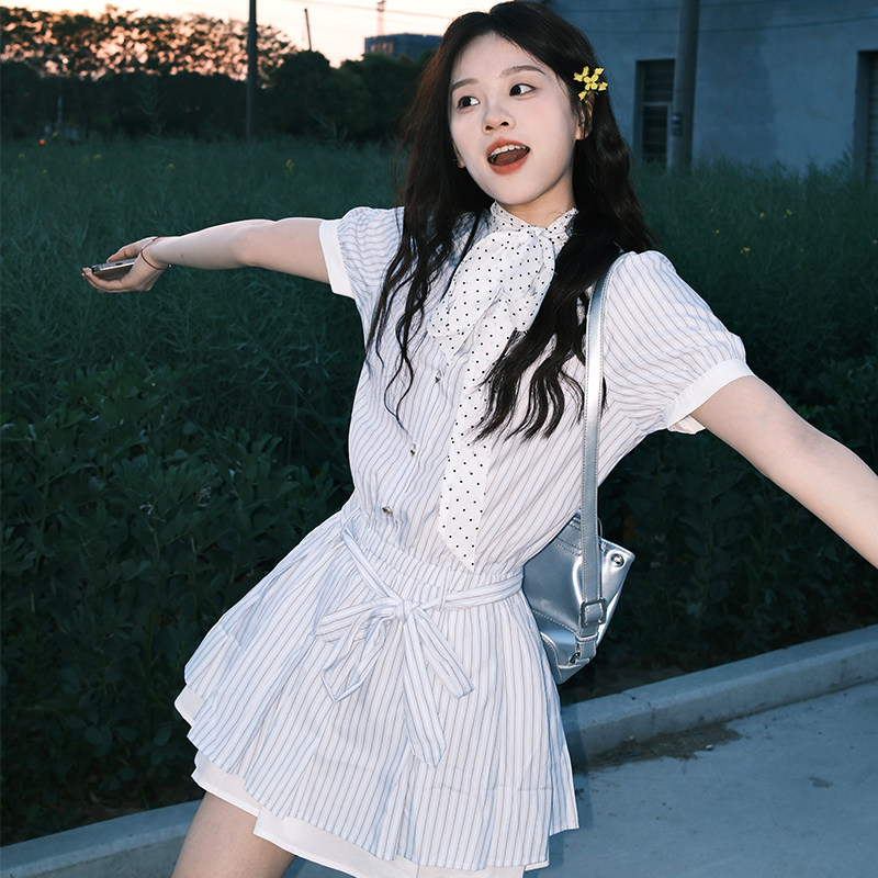 NEOTCG весенне-летнее платье-рубашка в полоску в горошек с длинными рукавами и короткой юбкой MIU series 2025, новинка для женщин