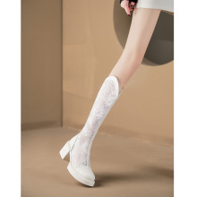 White lace long boots, women's V-neck 2023 new breathable hollow high tube mesh boots, summer thin mesh long tube boots