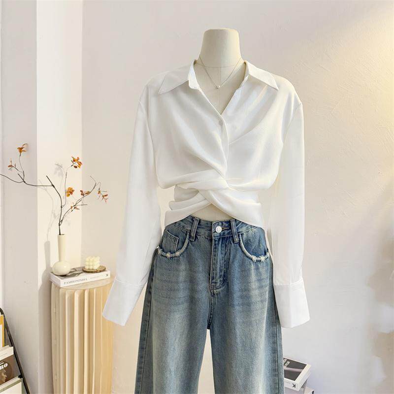 Women's long-sleeved white shirt with knotted design, 2026 autumn style, unique short and chic top, versatile satin top.