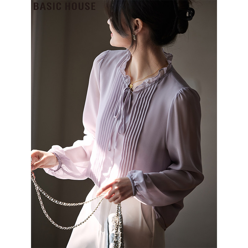 Basic House/Baijia хорошая протяжная сладкая песня, высококачественное ощущение деревянных ушей, шифоновая рубашка с воротником-стойкой, женская летняя новинка, стиль